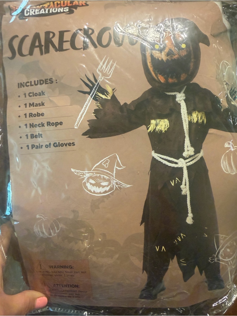 Kids Pumpkin Scarecrow Costume - Brown/Orange Hooded Robe - Picture 2 of 6